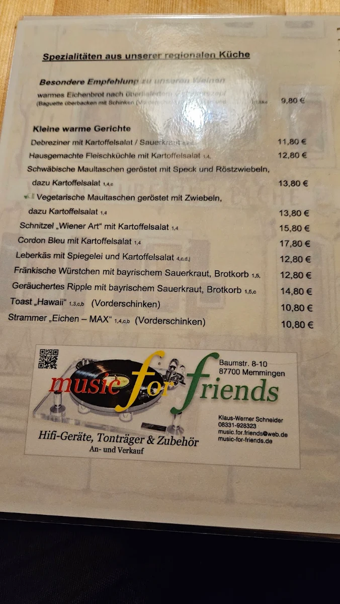 Speisekarte, Weinstube zur Eiche