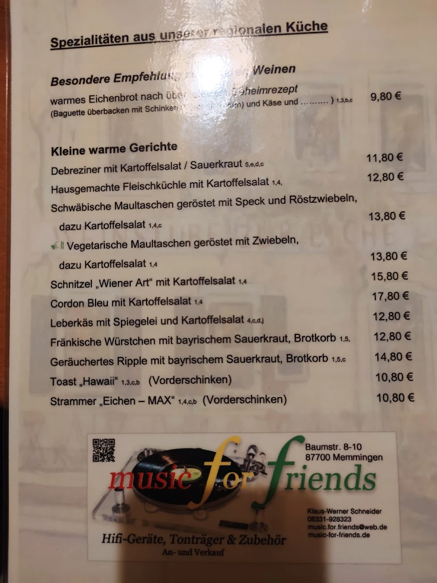 Speisekarte, Weinstube zur Eiche