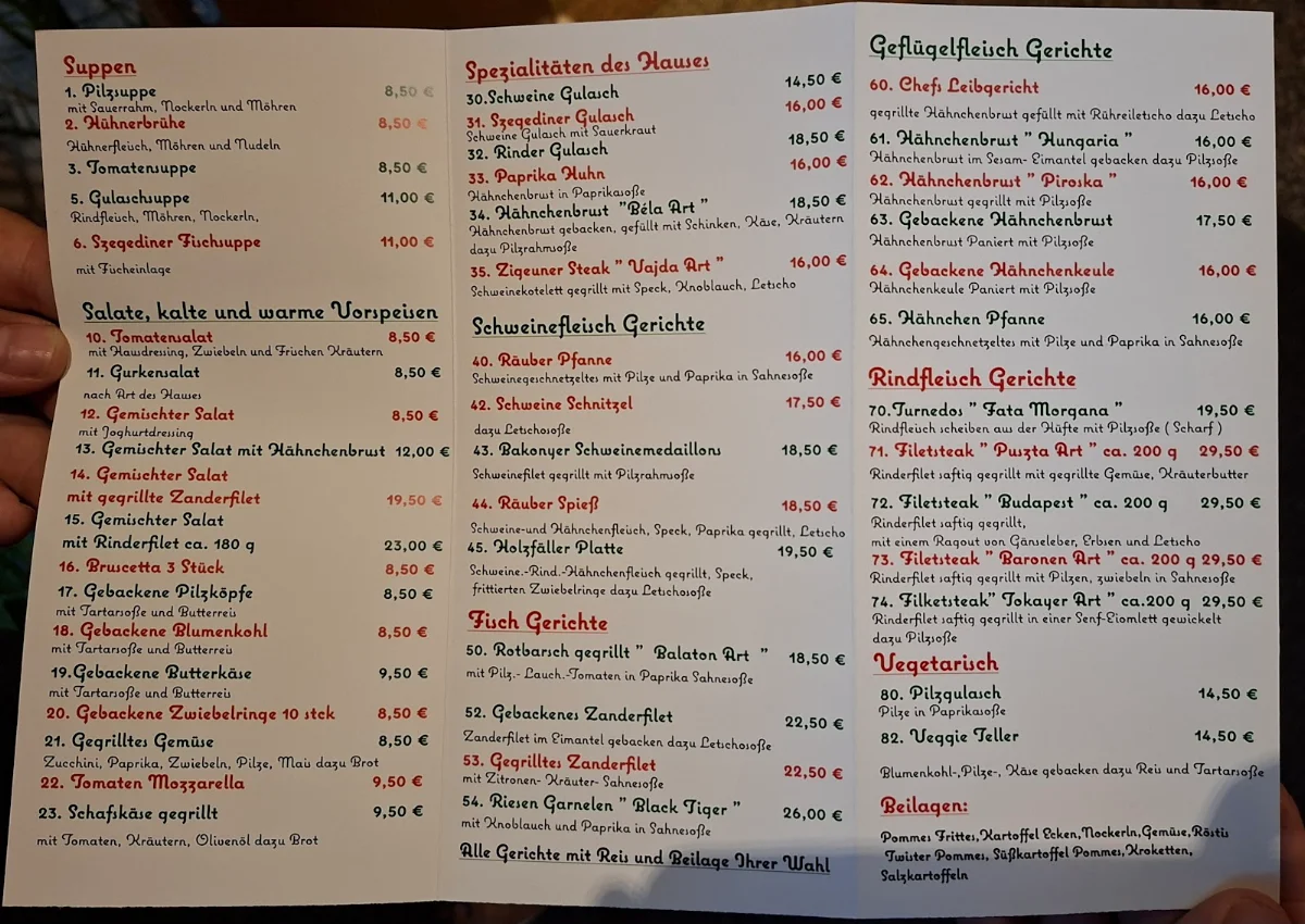 Speisekarte, Restaurant Hungaria - Bela Czutor