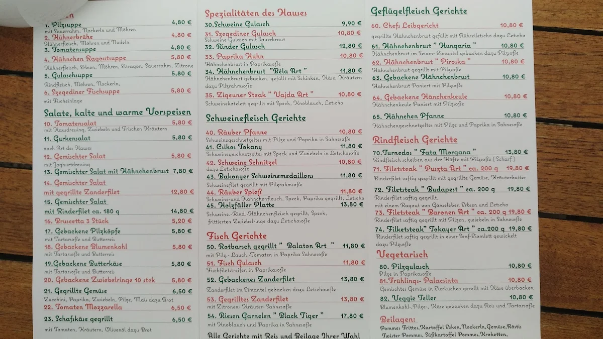 Speisekarte, Restaurant Hungaria - Bela Czutor