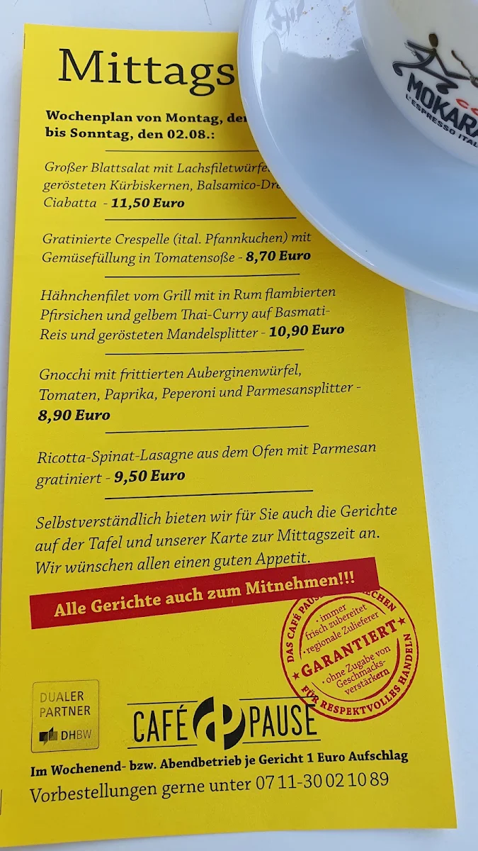 Speisekarte, Café Pause