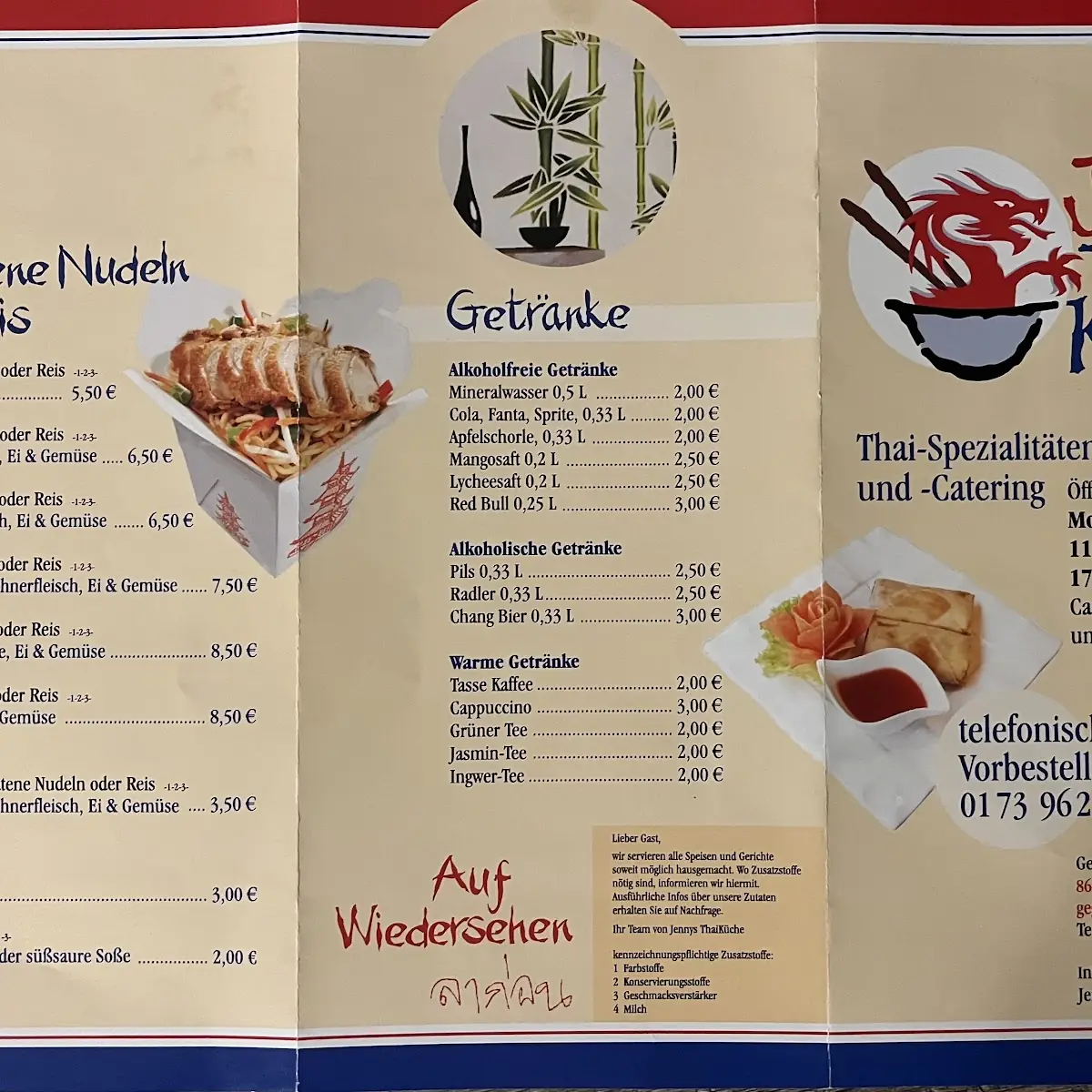 Speisekarte, Restaurant Jennys Thaiküche