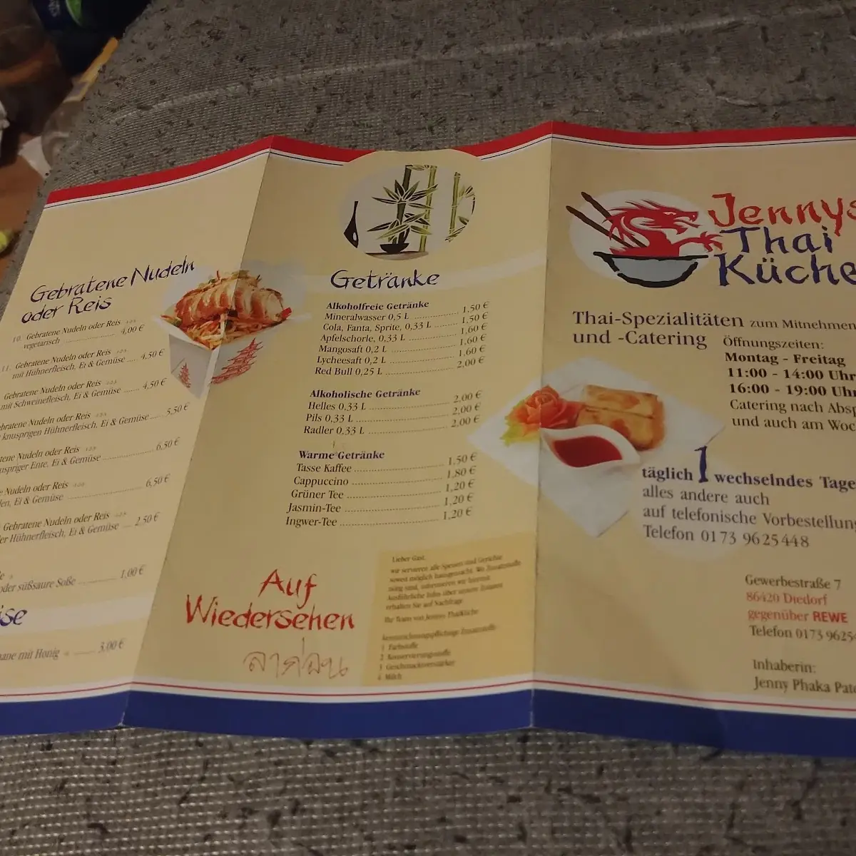 Speisekarte, Restaurant Jennys Thaiküche