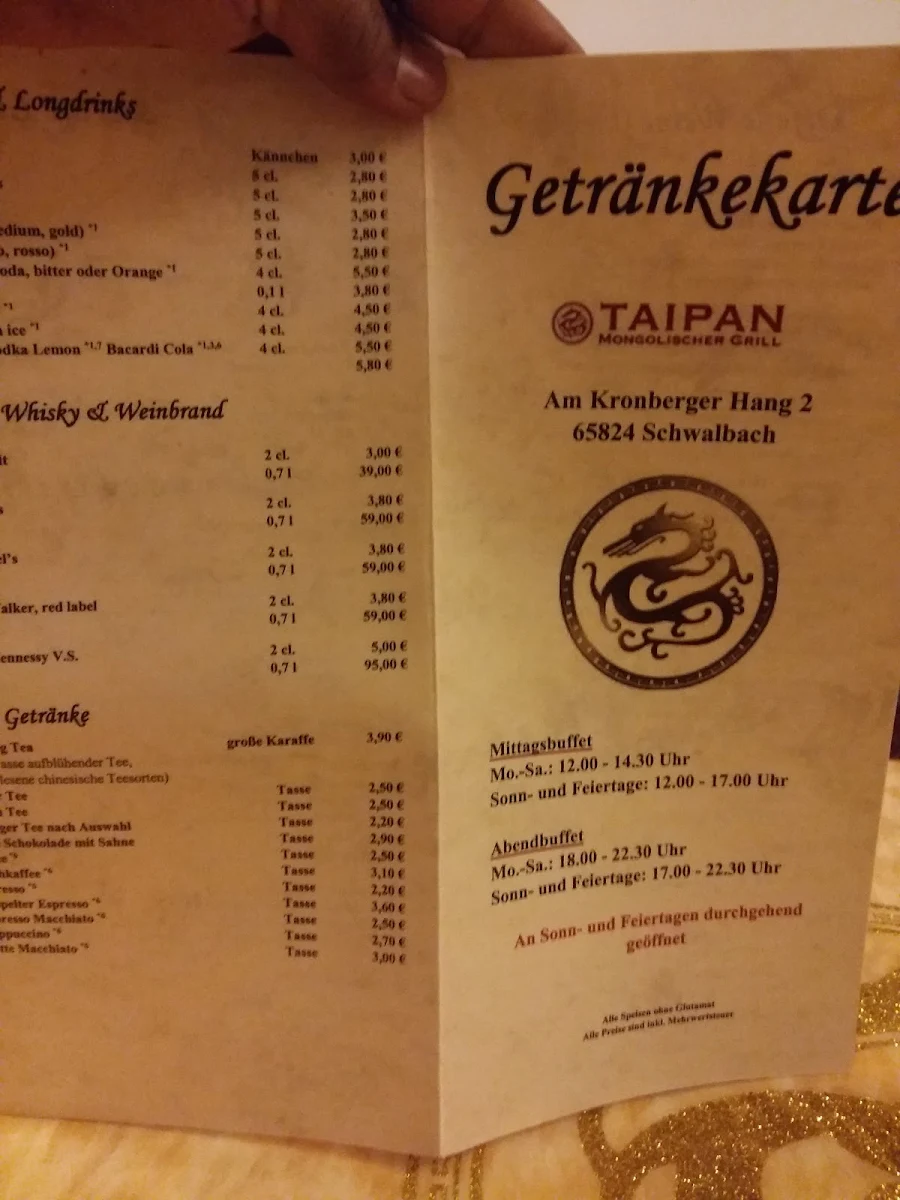 Speisekarte, Taipan Restaurant