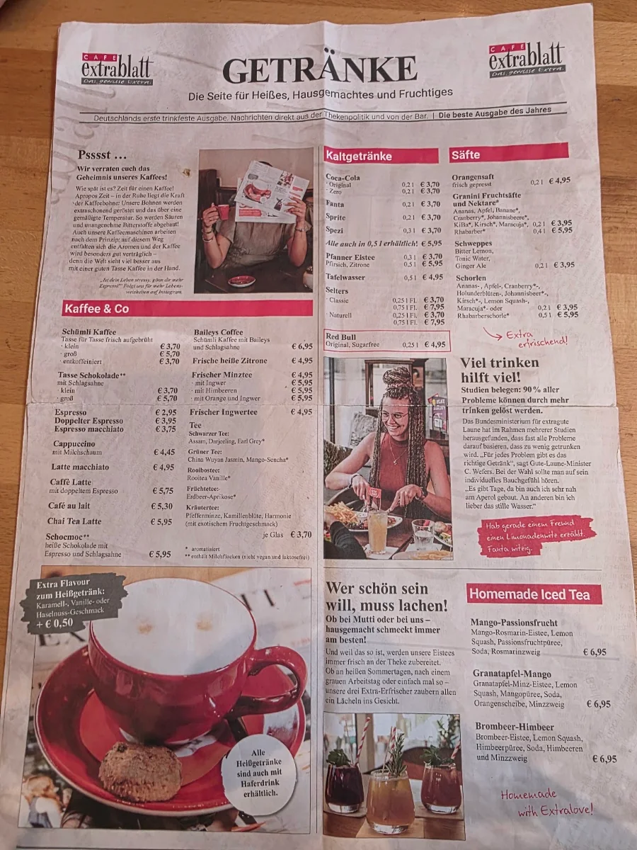 Speisekarte, Cafe Extrablatt Frankfurt Eschenheimer Tor