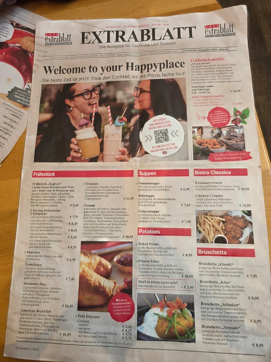 Speisekarte, Cafe Extrablatt Frankfurt Eschenheimer Tor