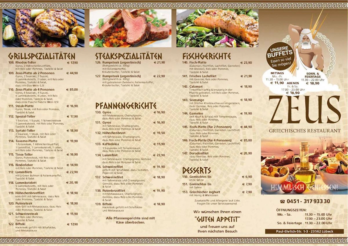 Speisekarte, Griechisches Restaurant ZEUS