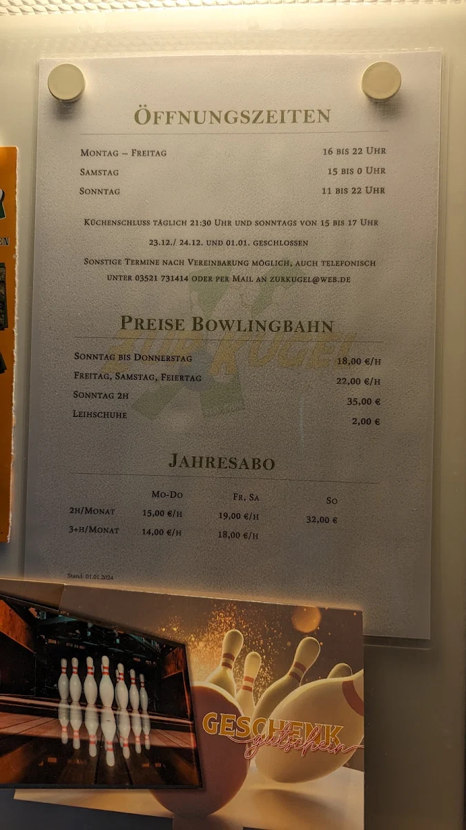 Speisekarte, Zur Kugel - Bowling und Restaurant
