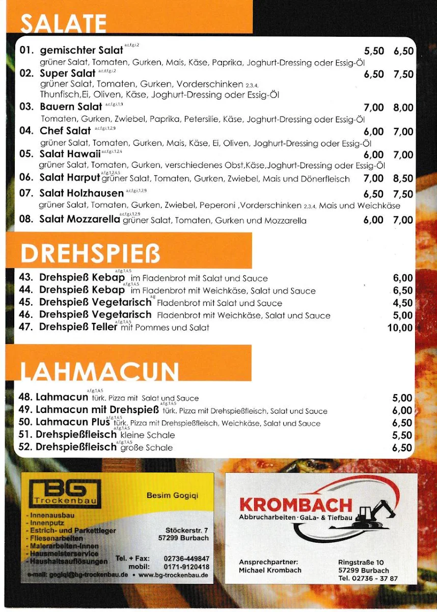 Speisekarte, Pizzeria Harput Döner
