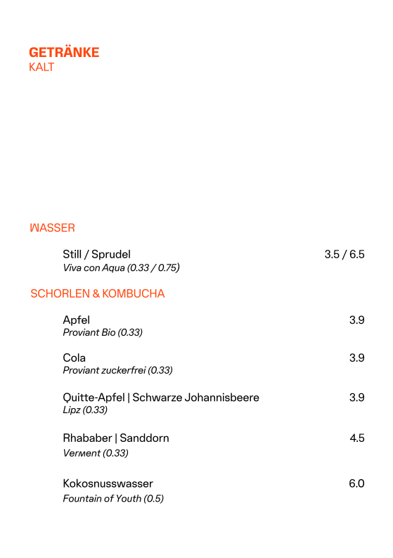Speisekarte, Cafébar HEDWG