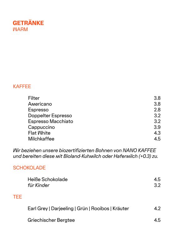 Speisekarte, Cafébar HEDWG