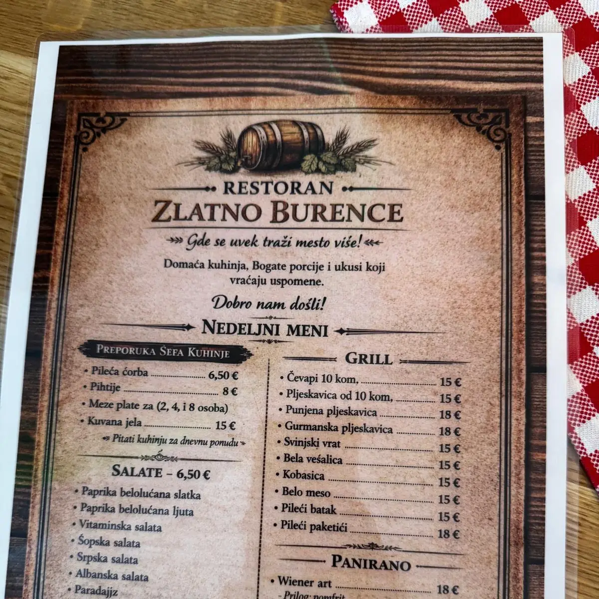 Speisekarte, Balkan Restaurant Zlatno Burence