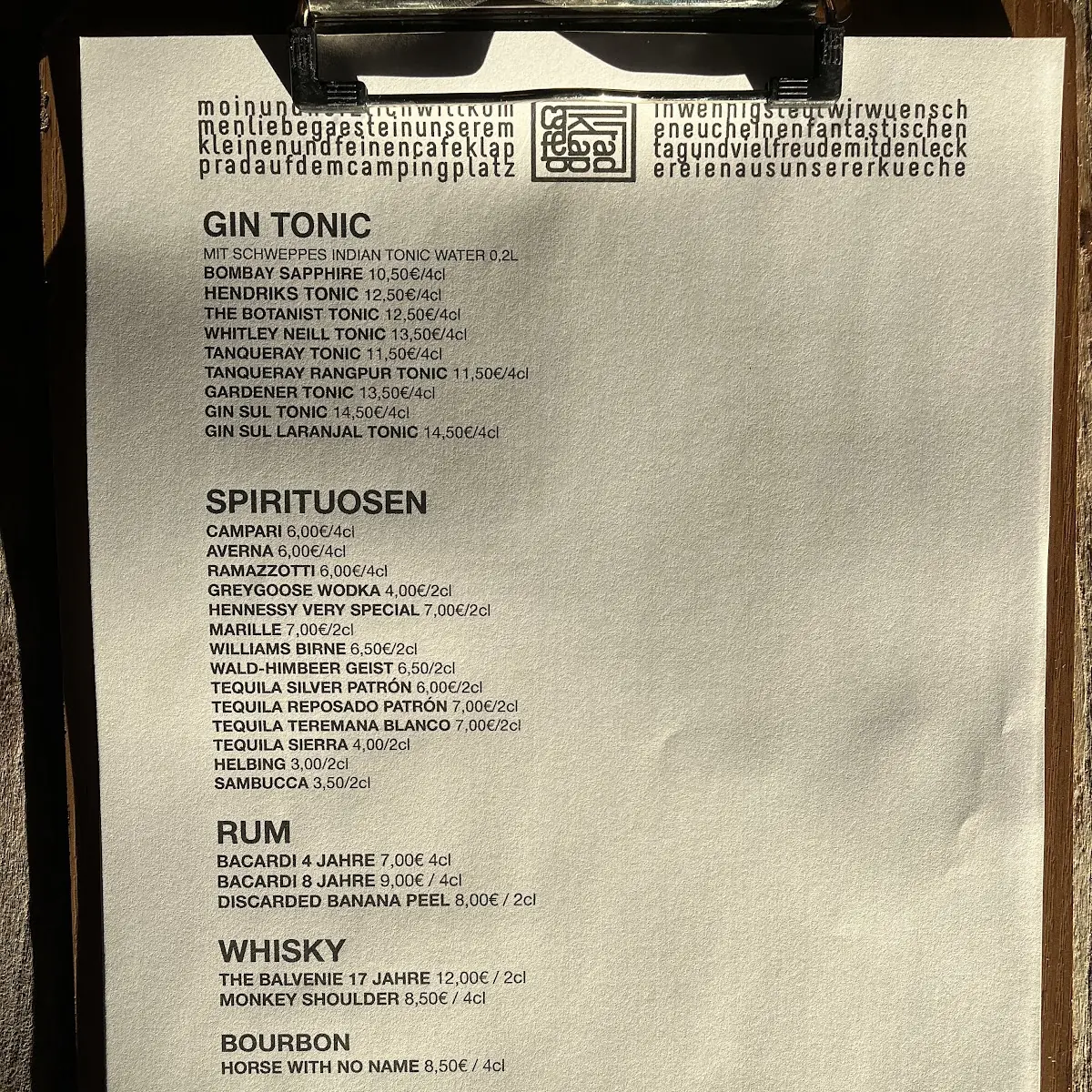 Speisekarte, Café Klapprad