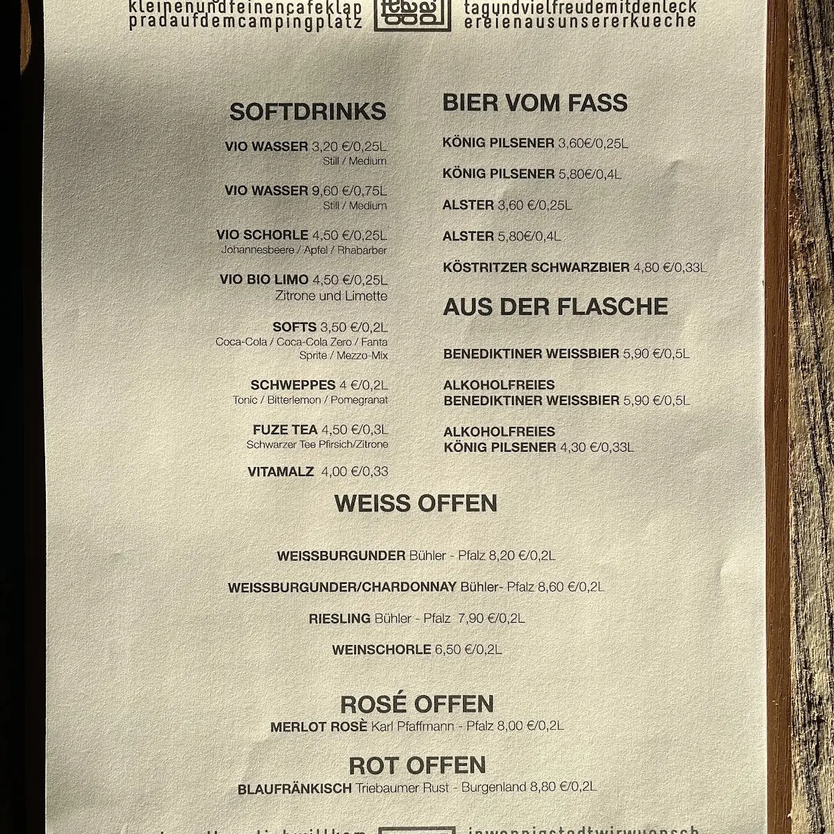 Speisekarte, Café Klapprad
