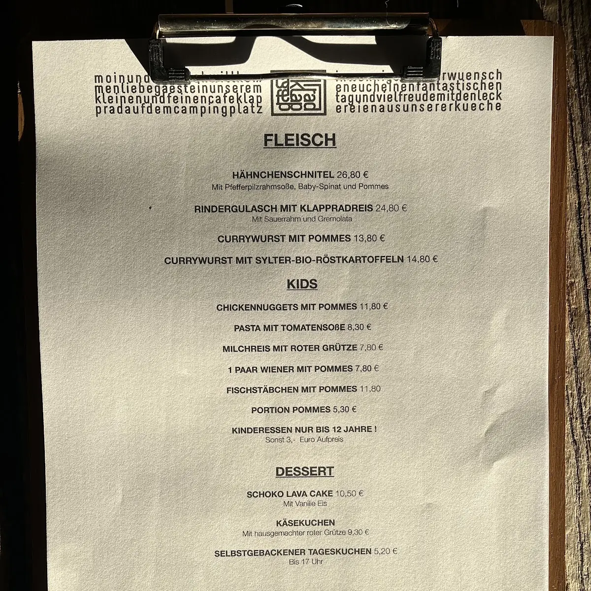 Speisekarte, Café Klapprad