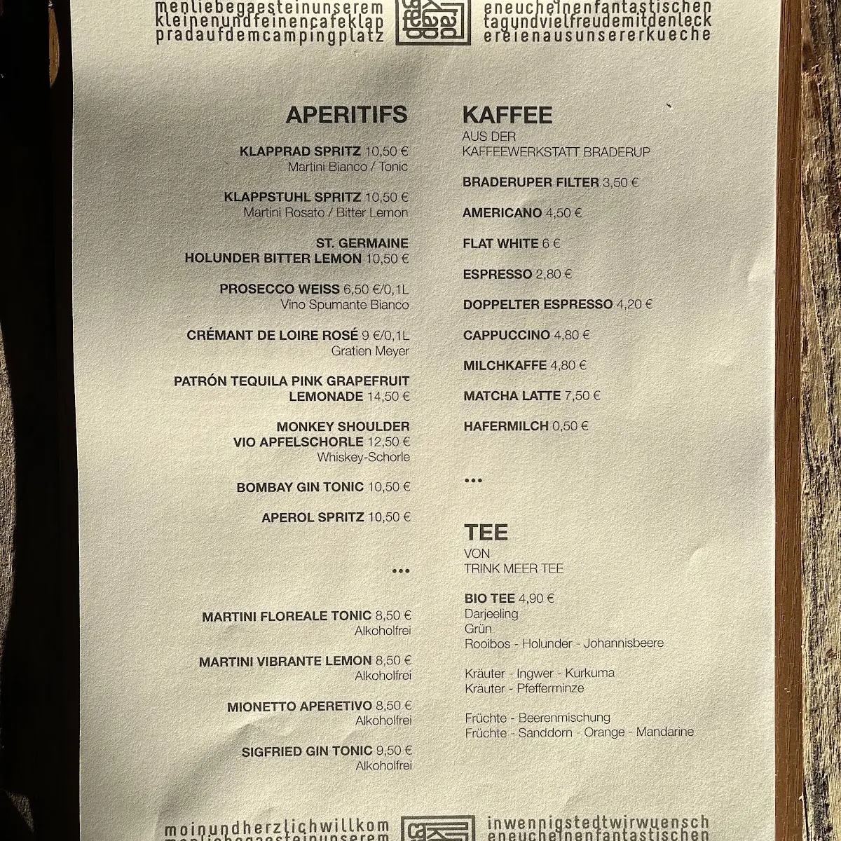 Speisekarte, Café Klapprad