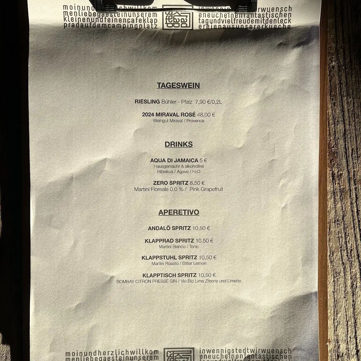 Speisekarte, Café Klapprad