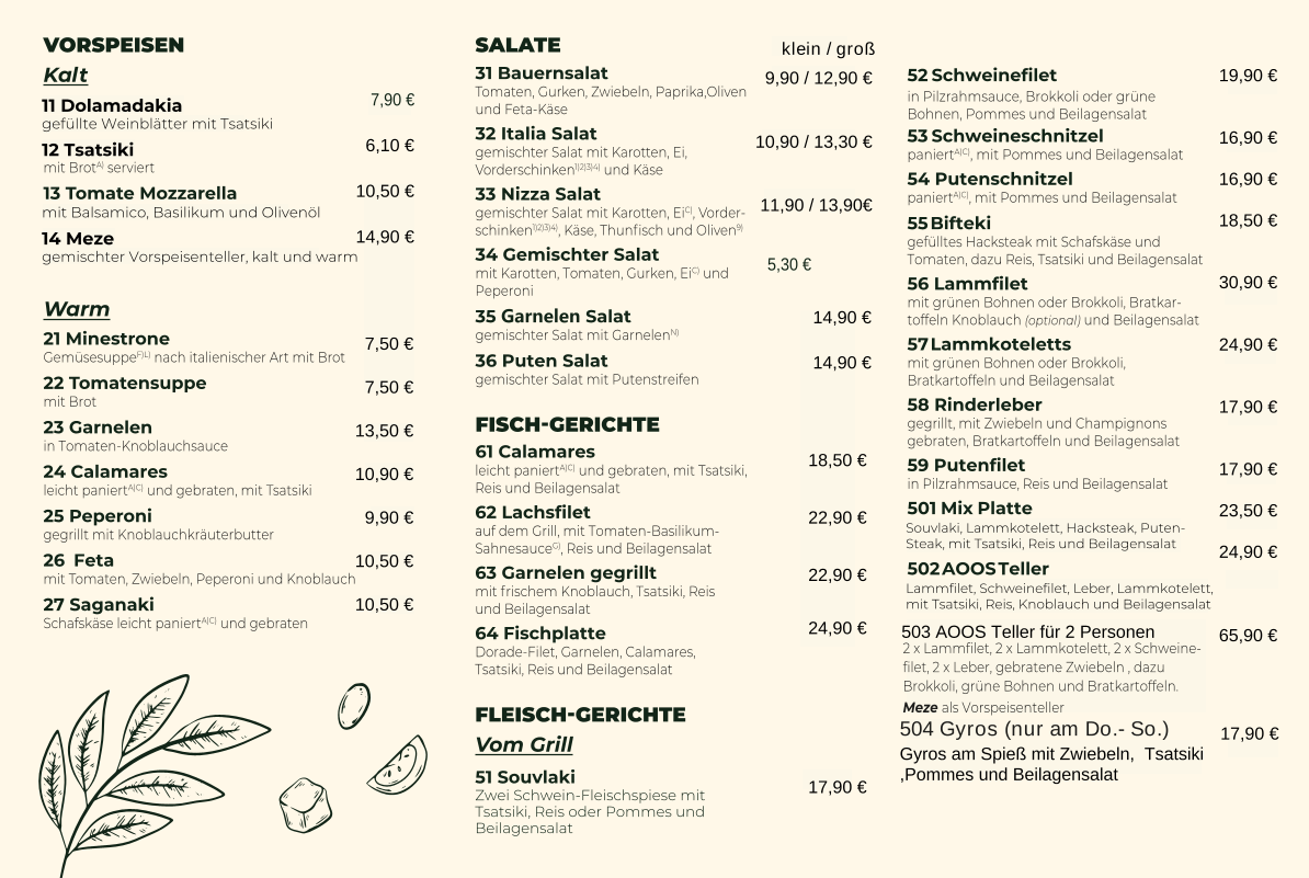 Speisekarte, AOOS Restaurant