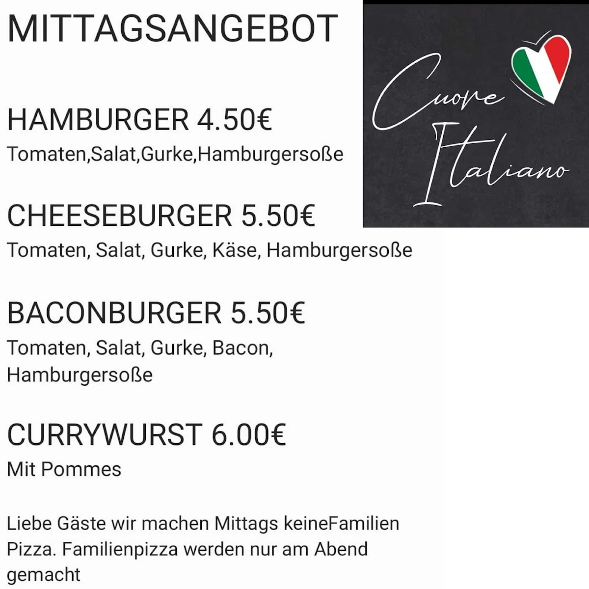 Speisekarte, Imbiss Cuore Italiano