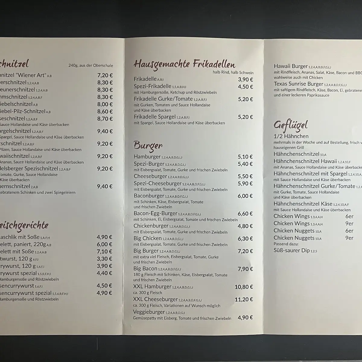 Speisekarte, Sedelsberger Speisetreff
