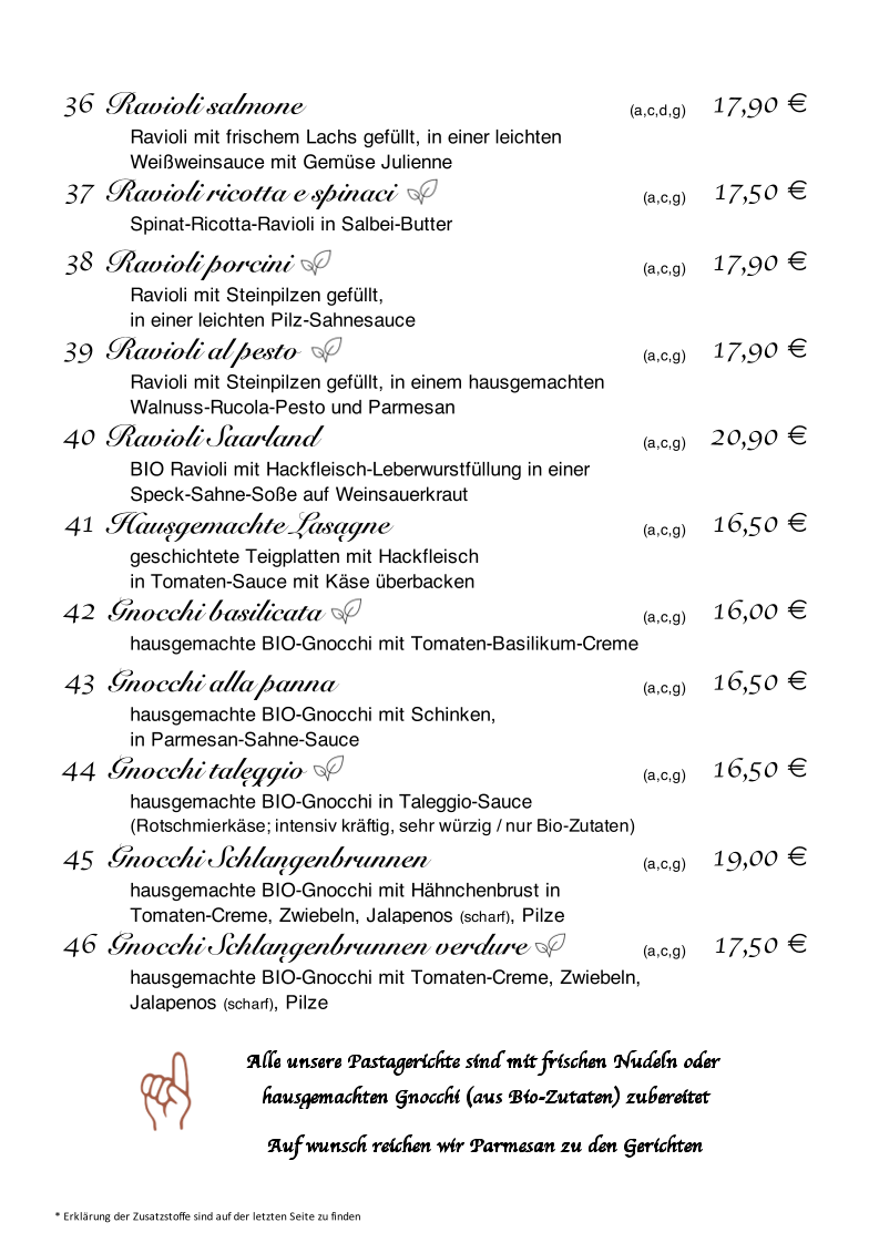 Speisekarte, Restaurant Zum Schlangenbrunnen