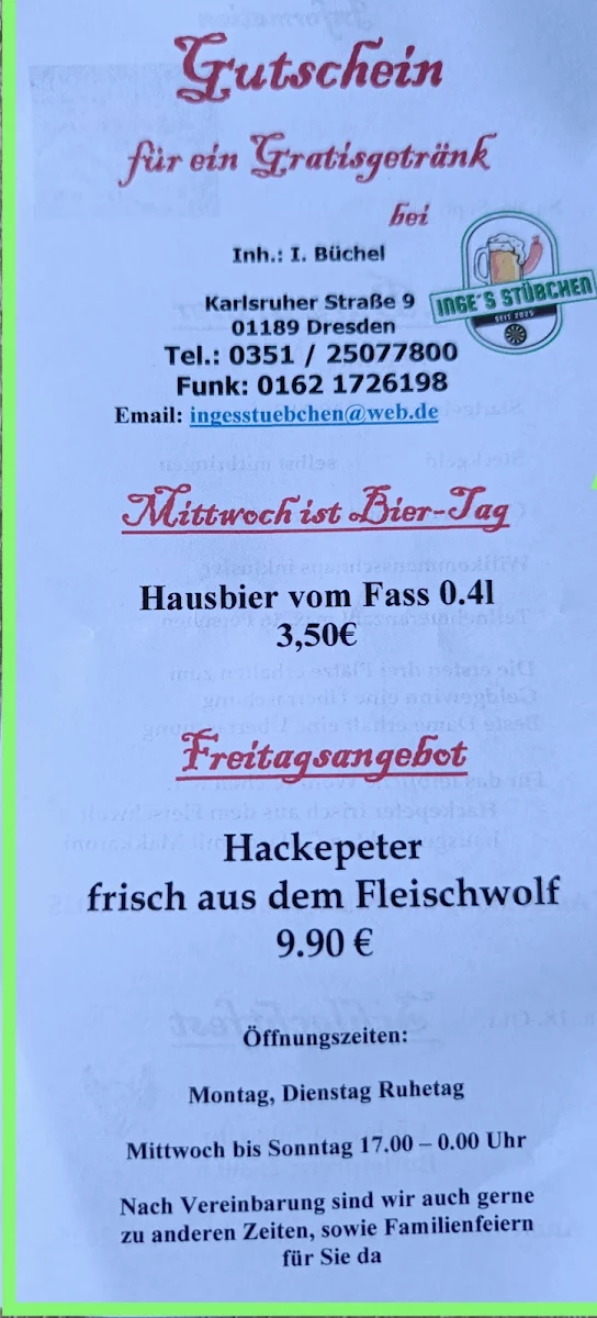 Speisekarte, Inges Stübchen
