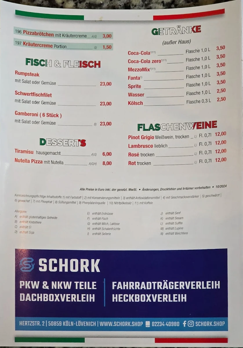 Speisekarte, Pizzeria Calabria Köln