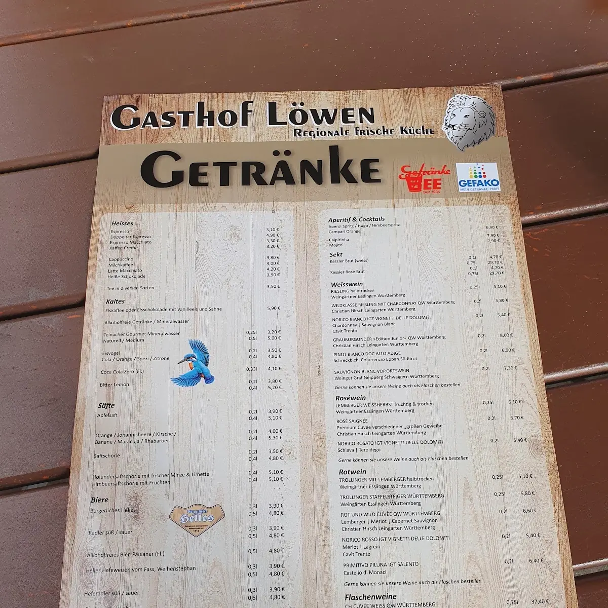 Speisekarte, Gasthof Löwen