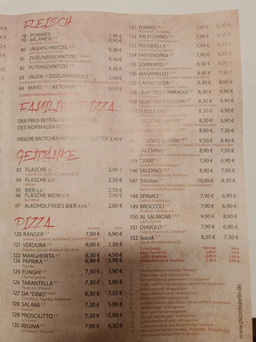 Speisekarte, Pizzeria Piccolo Pelle