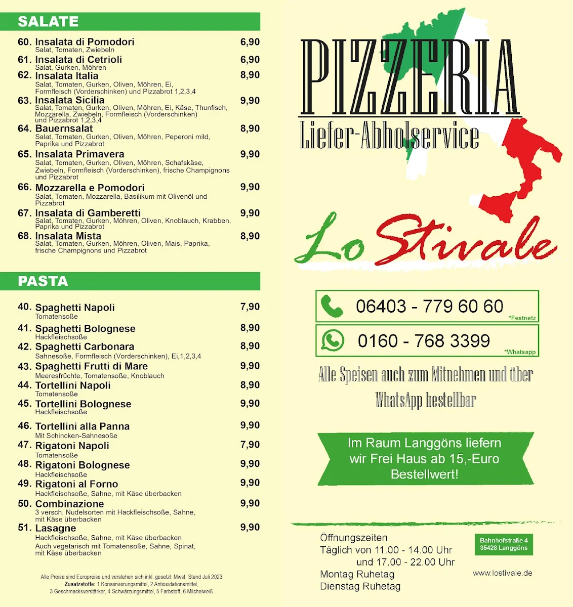 Speisekarte, Pizzeria Lo Stivale
