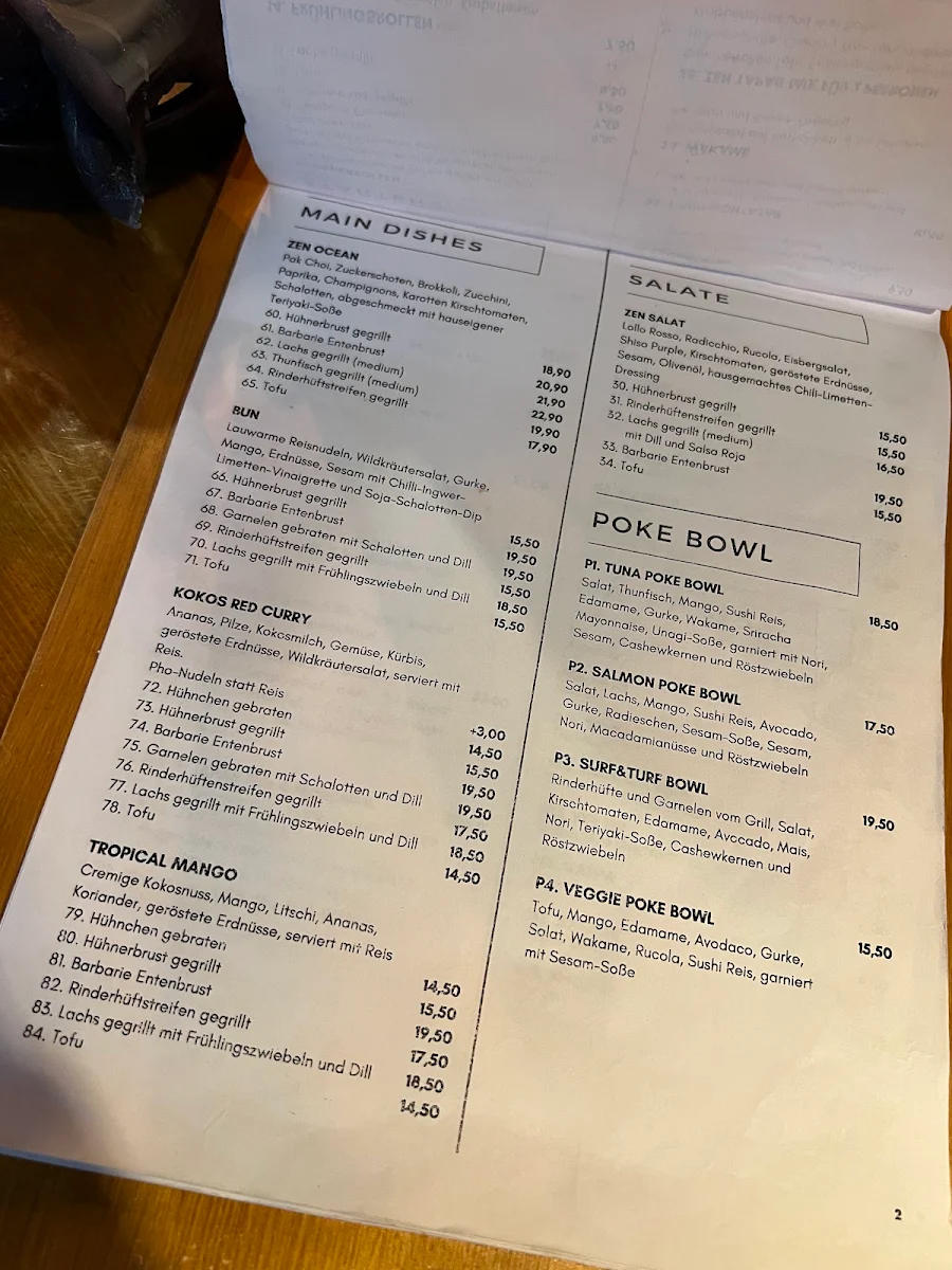 Speisekarte, ZEN Restaurant & Bar