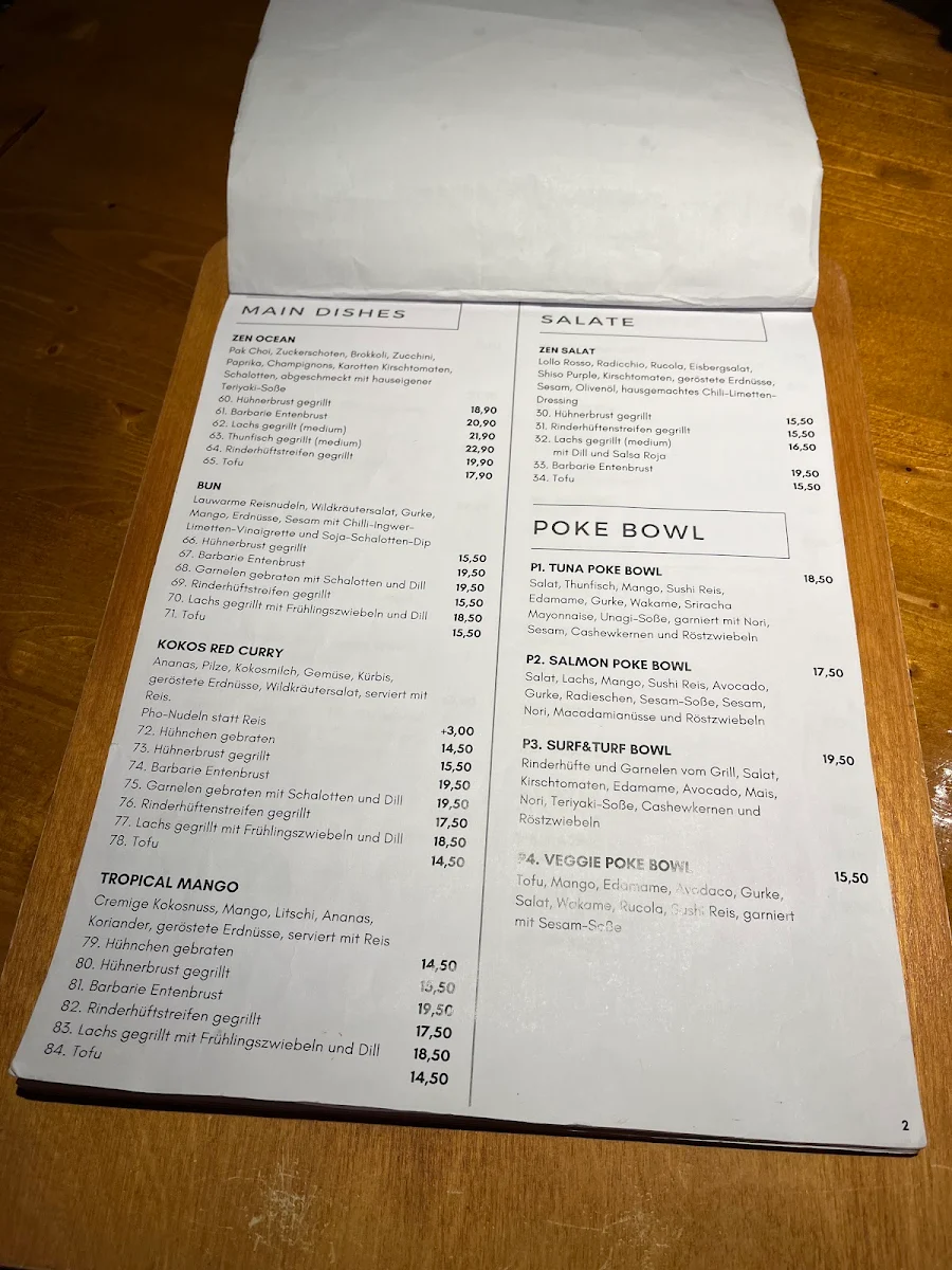 Speisekarte, ZEN Restaurant & Bar