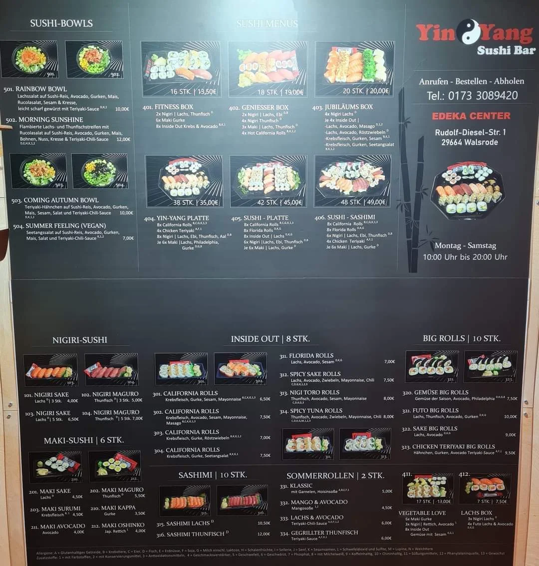 Speisekarte, Yin Yang Sushi Bar