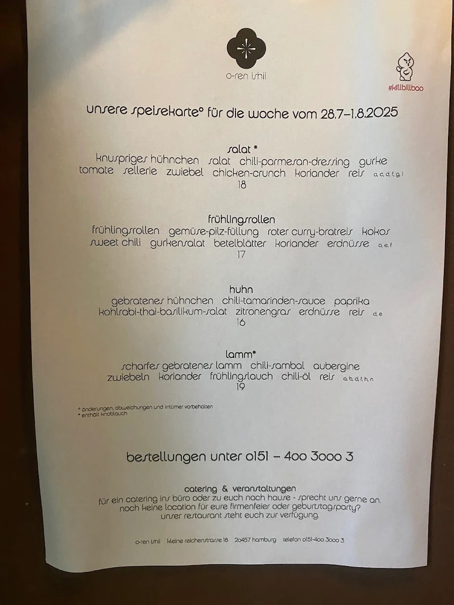 Speisekarte, O-ren Ishii Restaurant