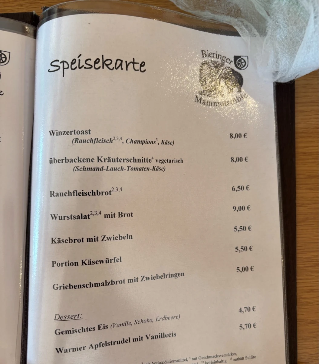 Speisekarte, Mammutstüble