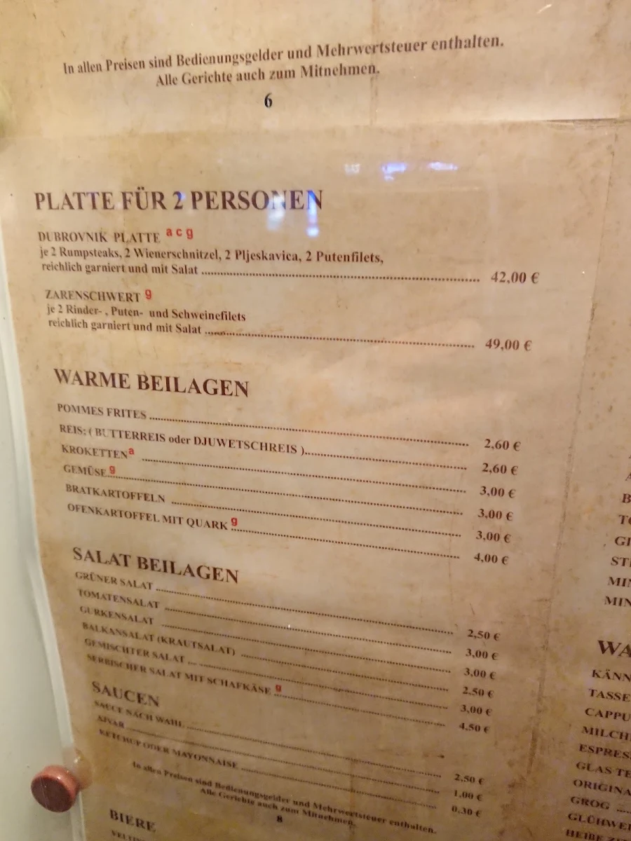 Speisekarte, Restaurant Dubrovnik - Moers