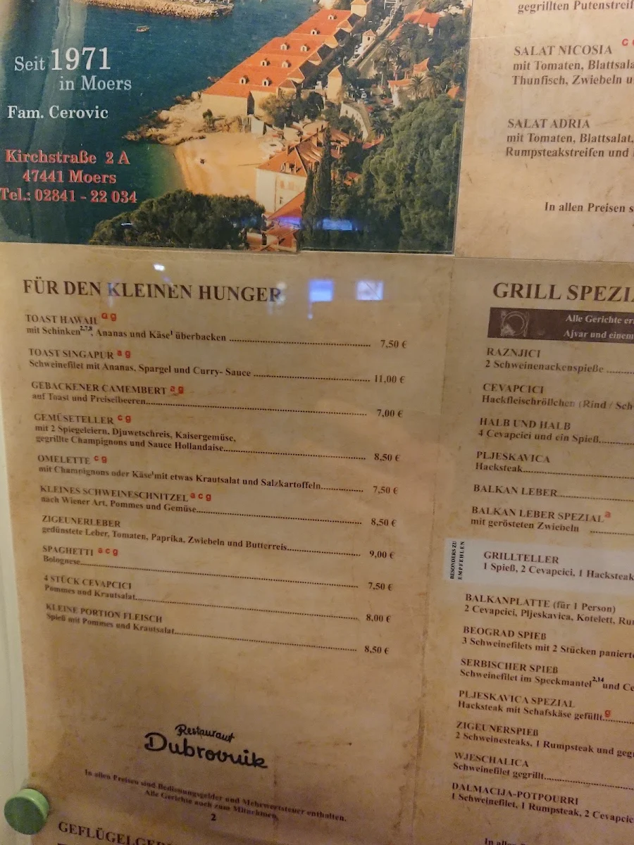 Speisekarte, Restaurant Dubrovnik - Moers