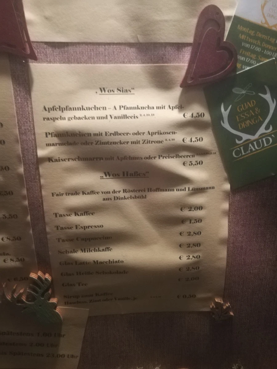 Speisekarte, Claud’s Feuchtwangen