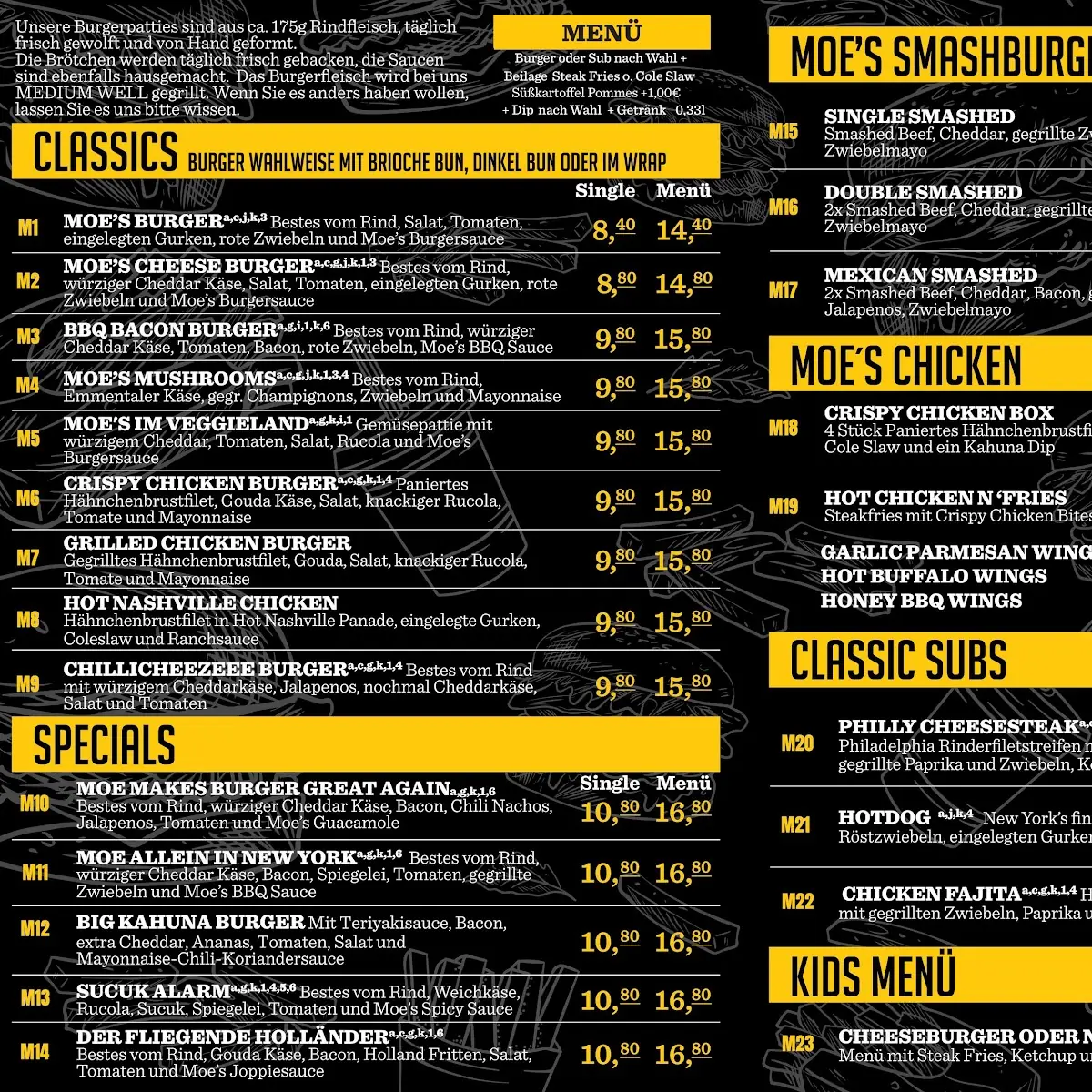 Speisekarte, Moe's Burger Neustadt