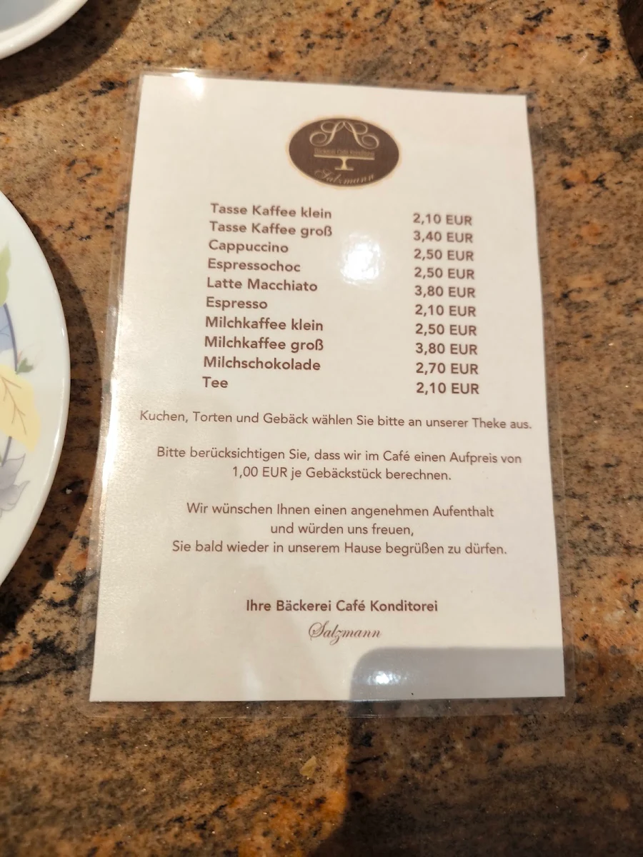 Speisekarte, Bäckerei Konditorei Salzmann