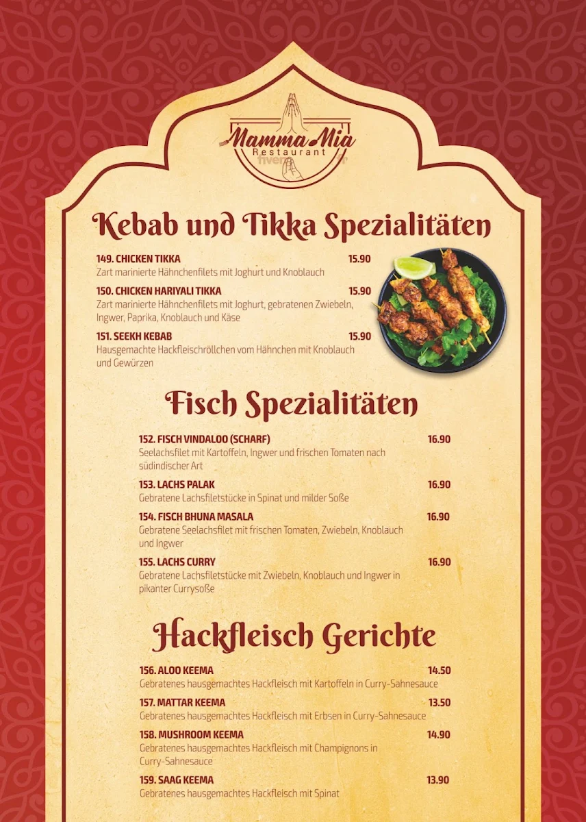 Speisekarte, Restaurant Mamma Mia - Italienische & Indische Spezialitäten