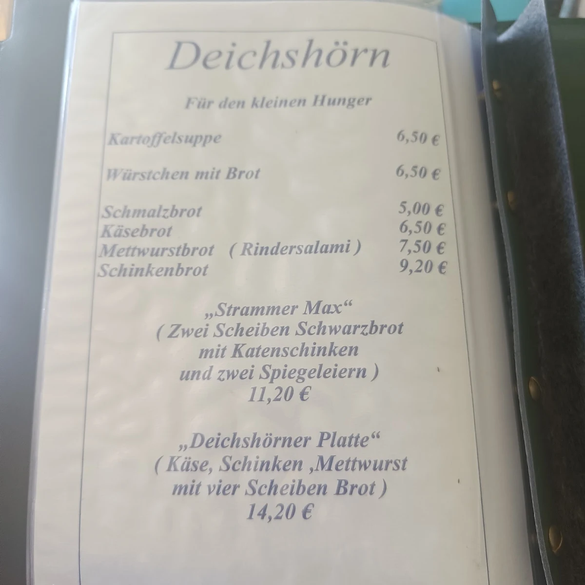 Speisekarte, Gaststätte Deichshörn Inh. M. Tobiesen