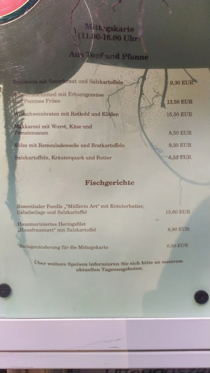Speisekarte, Gasthaus Waldidylle