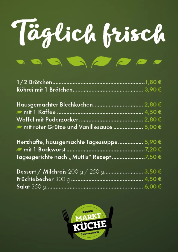 Speisekarte, Marktküche im E center Warnow Park