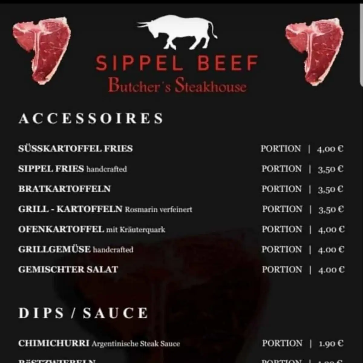 Speisekarte, Butcher Steakhouse Sippel Beef