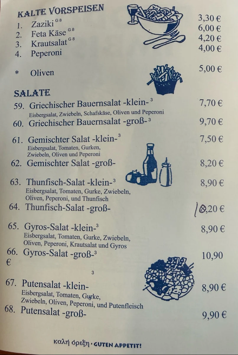Speisekarte, Imbiss Rhodos