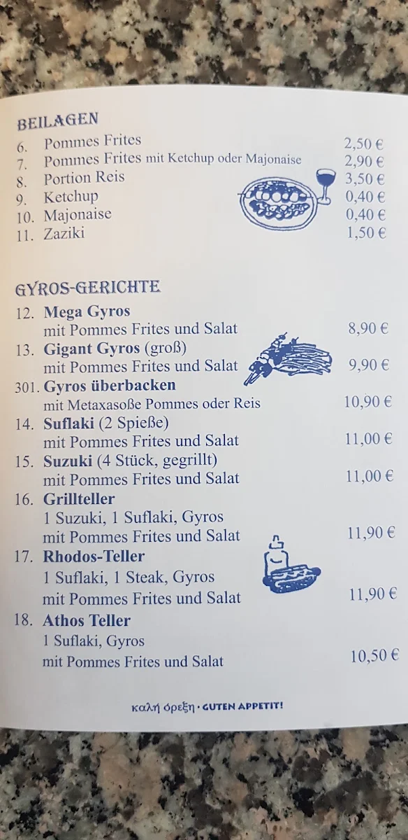 Speisekarte, Imbiss Rhodos