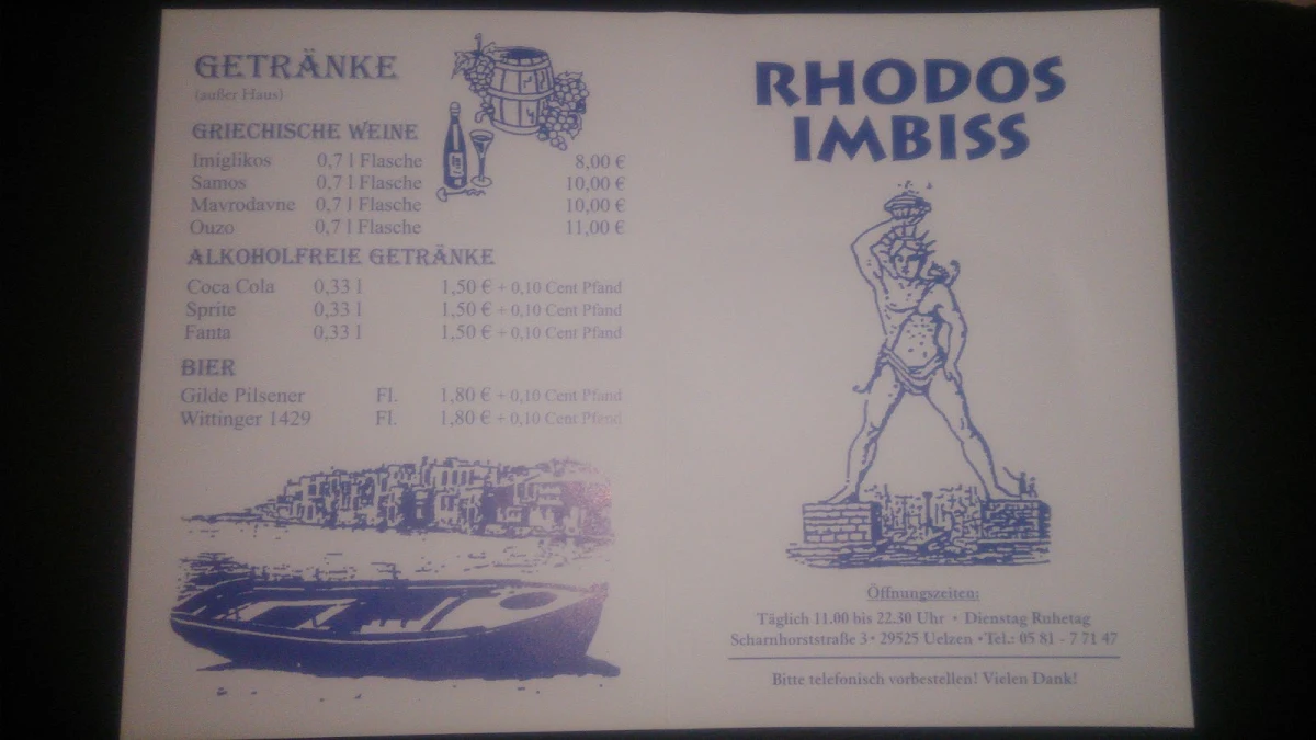 Speisekarte, Imbiss Rhodos