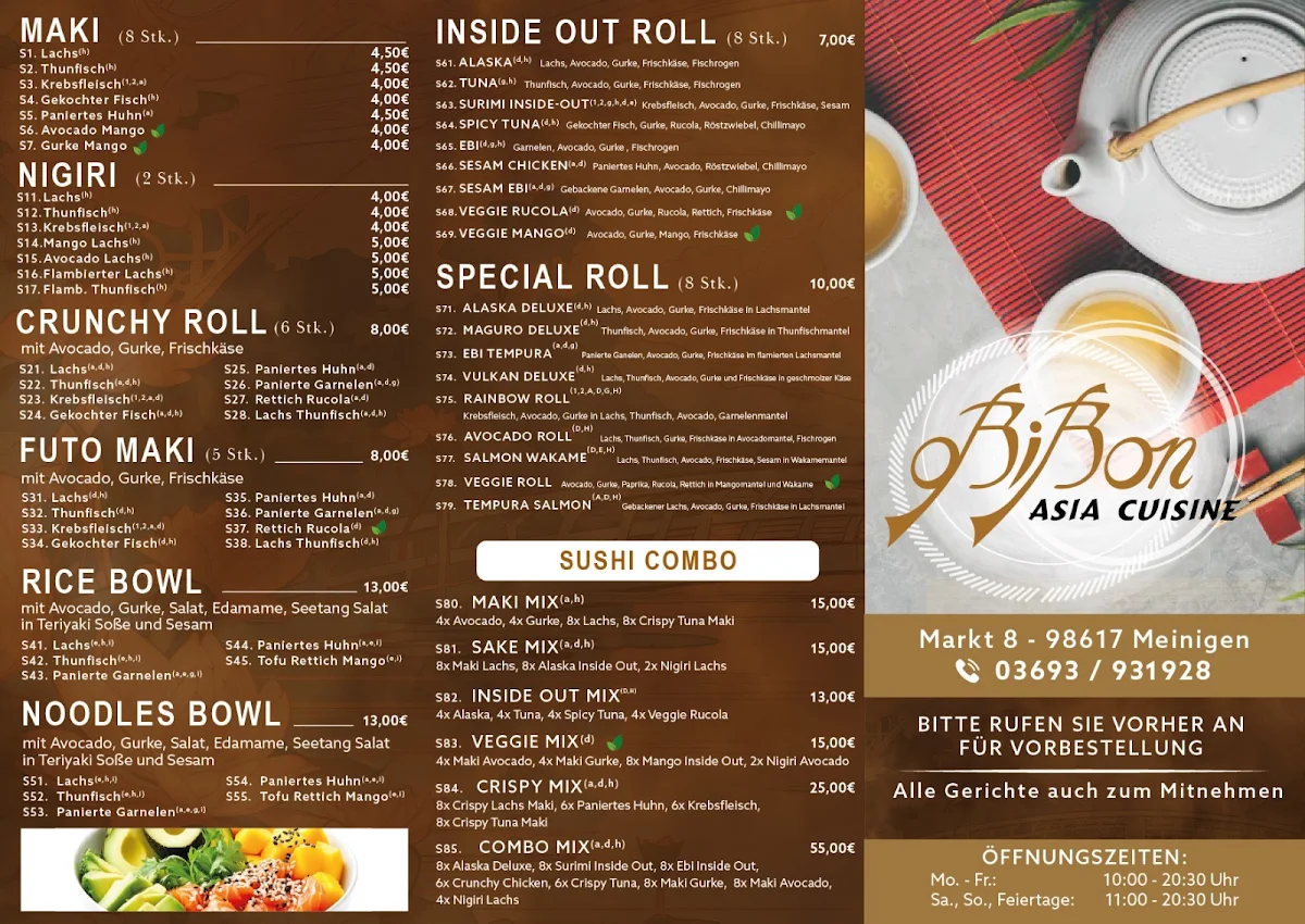 Speisekarte, Asia Bibon Bistro