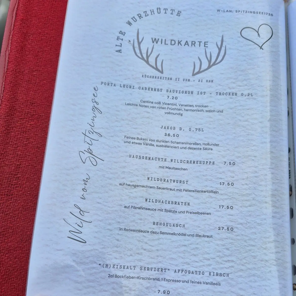 Speisekarte, Restaurant Alte Wurzhütte